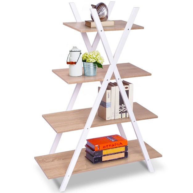 Costway 4 tier Bookshelf Storage Display Shelves Bookcase Ladder X shape