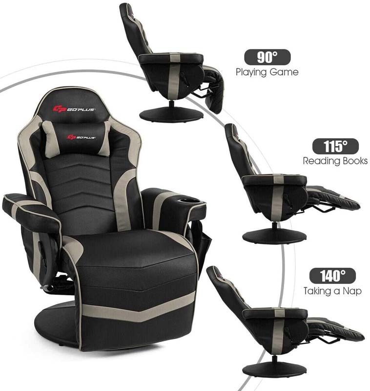 PU Leather Massage Gaming Chair, Ergonomic High Back Racing Style Gaming Recliner with Adjustable Backrest & Footrest, Cup Holder, Side Pouch