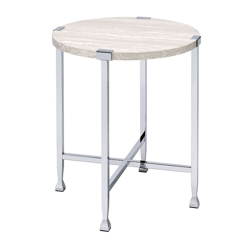 End Table with X Shaped Metal Base and Round Wooden Top，Silver and Beige