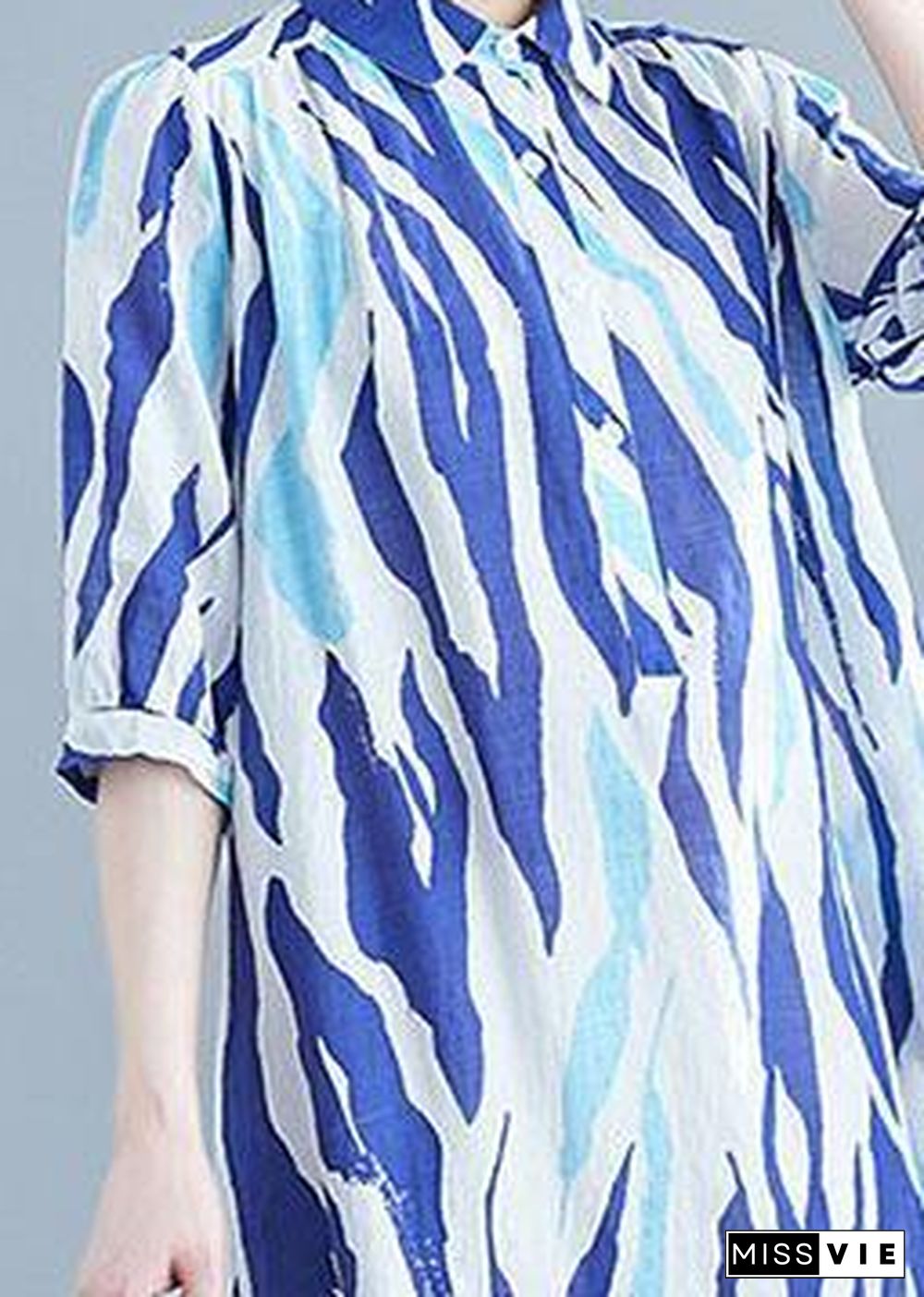 Vivid lapel half sleeve Chiffon dresses Runway blue striped Dress