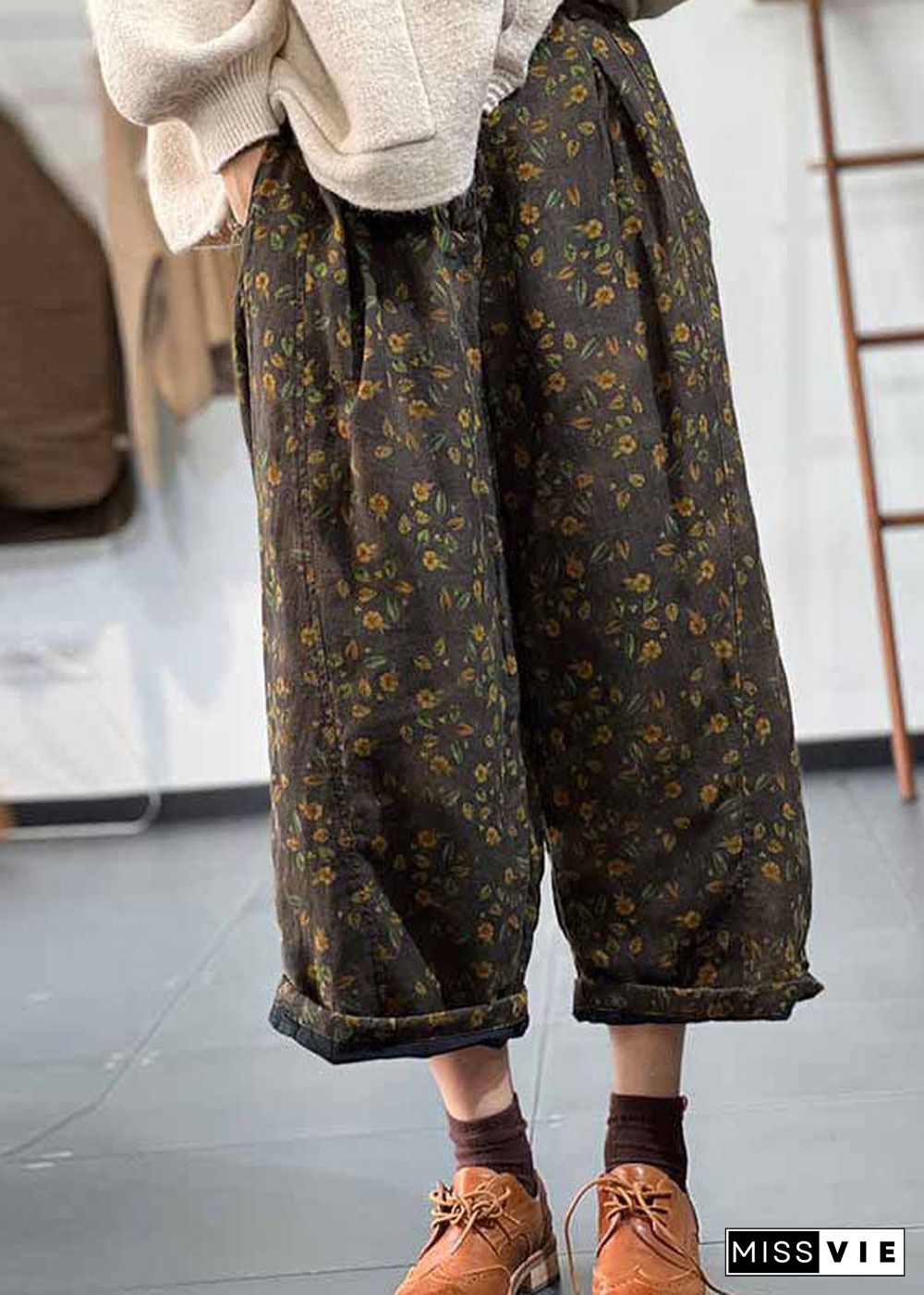 Art Green Elastic Waist Print Fine Cotton Filled Wide Leg Pants Winter