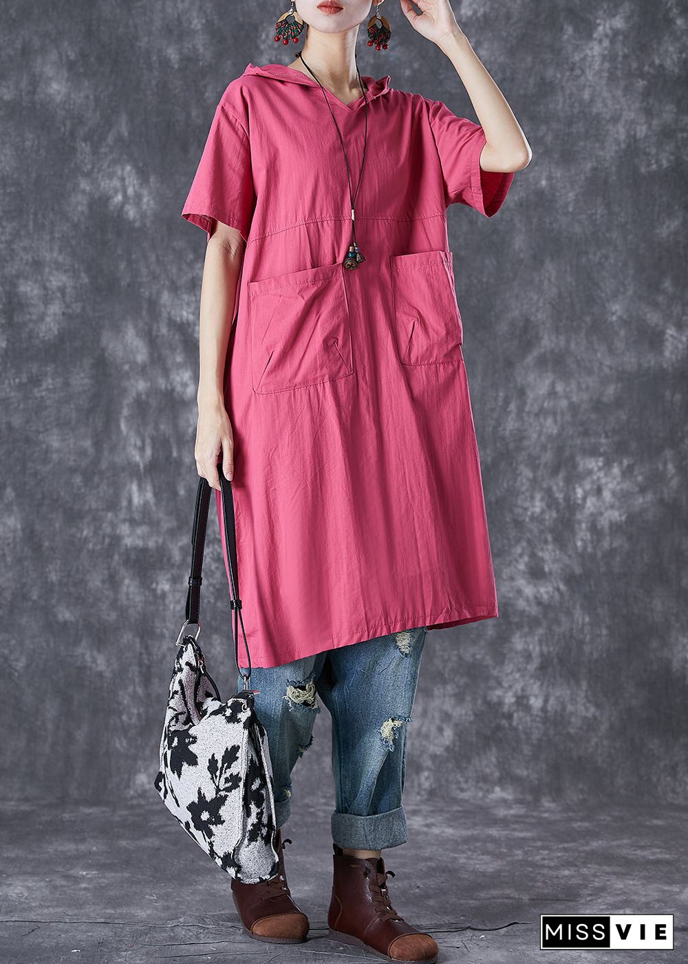 French Rose Hooded Pockets Cotton Sweatshirts Dress Summer