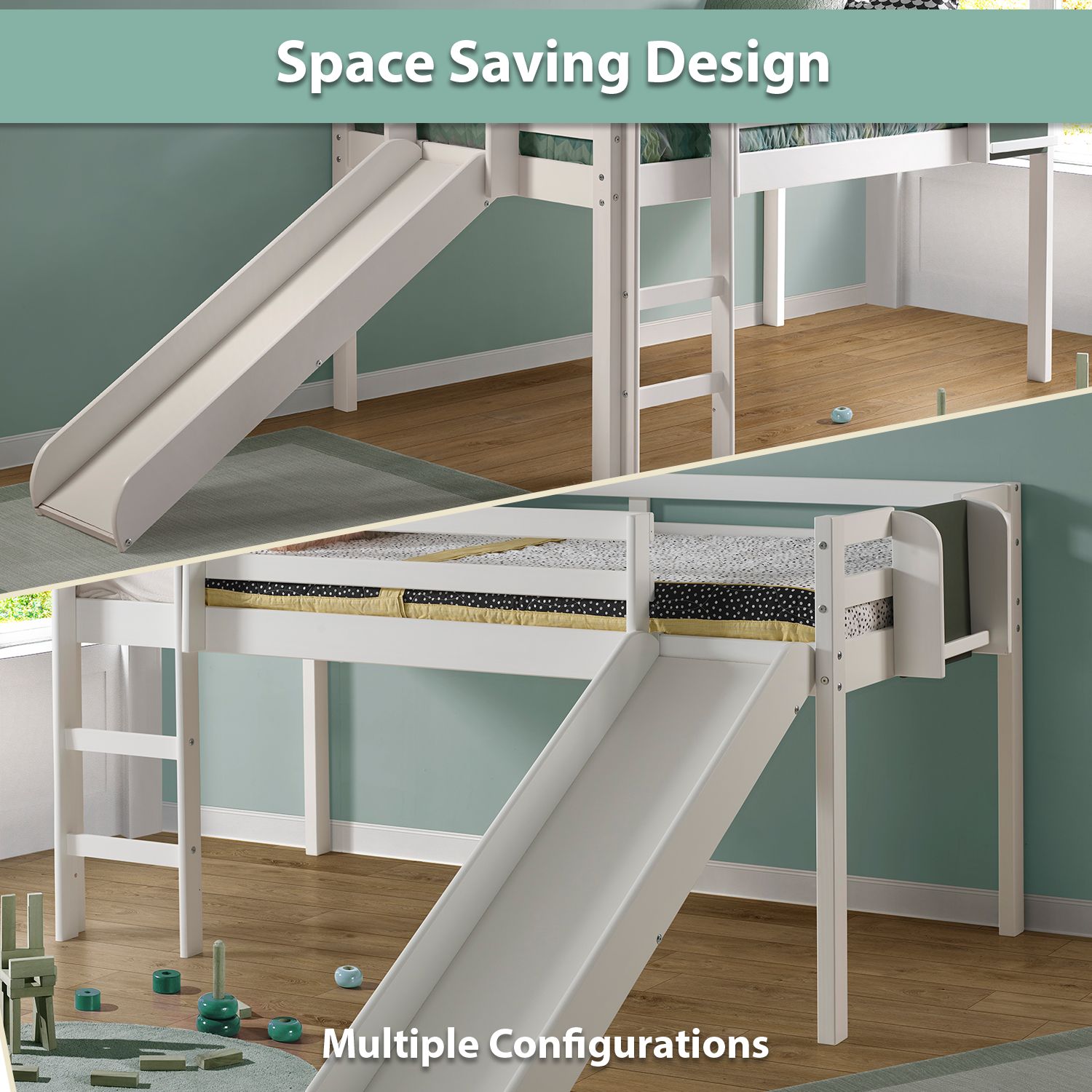 Naomi Home Cindy Kids Loft Bed with Slide, Twin Loft Bed with Slide, Loft Bed with Slide, Loft Bed Slide with Ladder, Chalkboard, Pine Wood Space Saving Kids Bed Frame for Boys, Girls, White