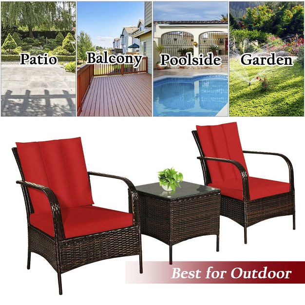 Costway 3 Pcs Patio Rattan Furniture Set Coffee Table amp 2 Rattan Chair W red Cushions