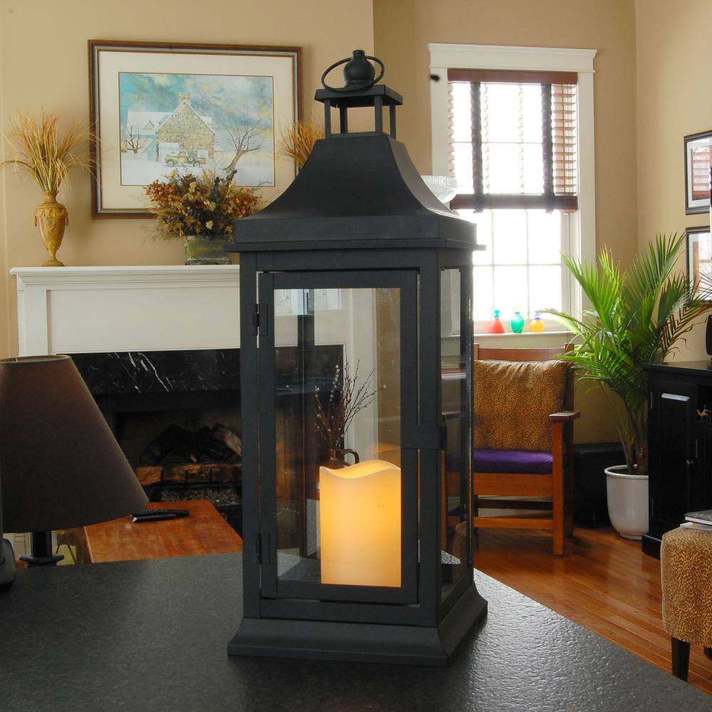 LUMABASE 7.125 in. x 19.5 in. Matte Black Tall Classic Lantern with LED Candle 90501