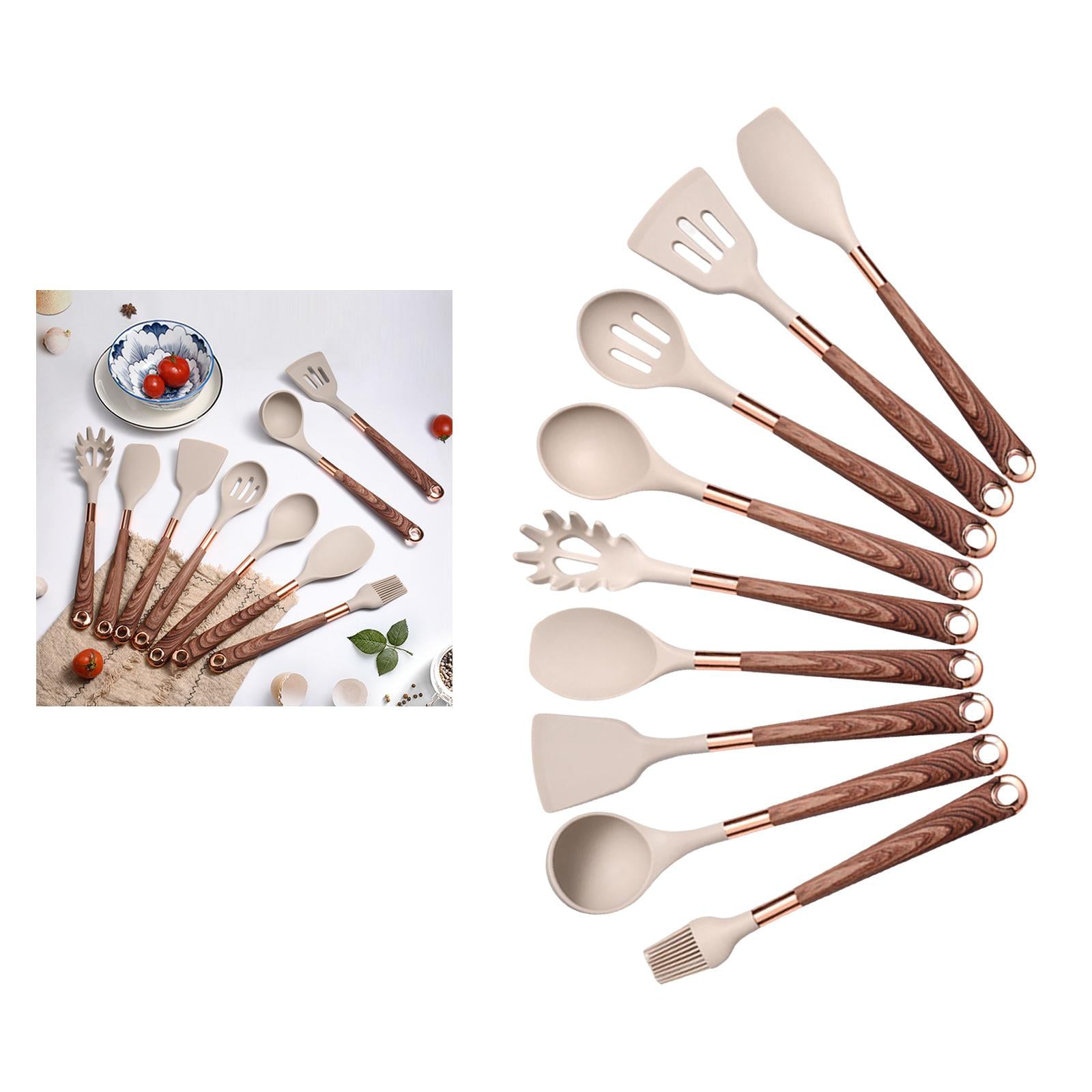 Kitchen Utensils Set,9pcs Silic Cooking Kitchen Utensils Set Heat Resistance Silic Spatula Spoon Kitchen Gadgets Utensils Set , Brown Handle