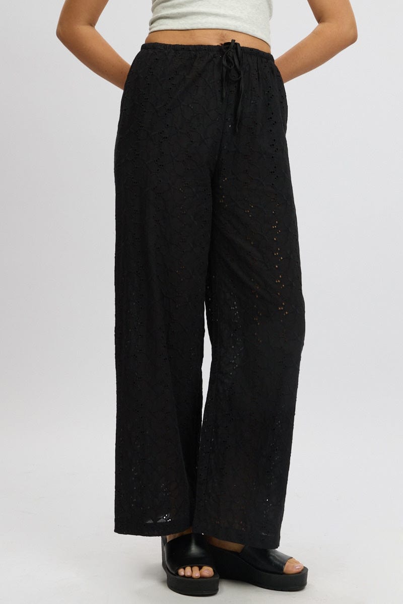 Black Wide Leg Pants High Rise Eyelet Fabric