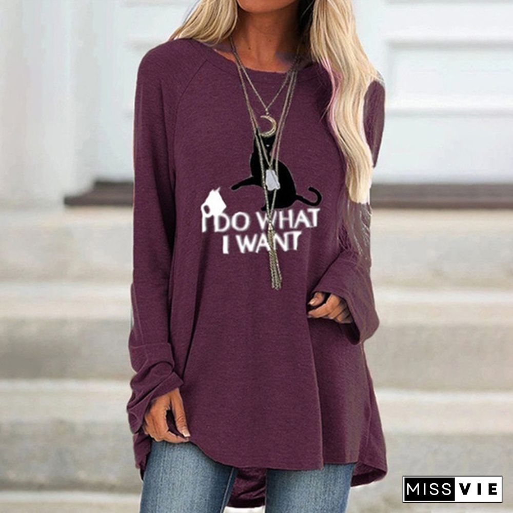 New Women Autumn and Winter Clothes Casual Printed Round Neck Long Sleeves Tunic T-Shirt Loose Cotton Pullover Blouse Plus Size XS-8XL