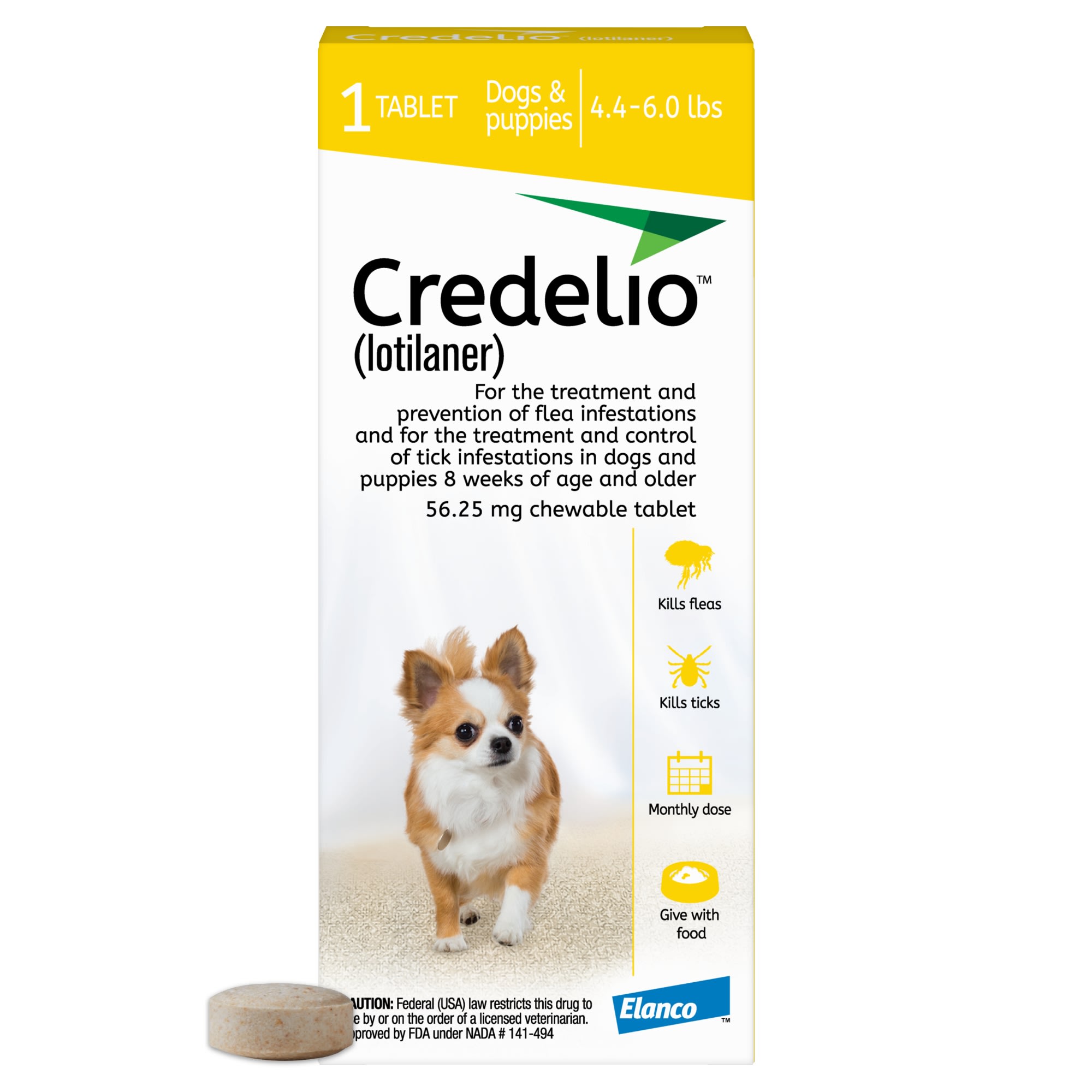 Credelio Chewable Tablet for Dogs 4.4-6 lbs， 1 Month Supply