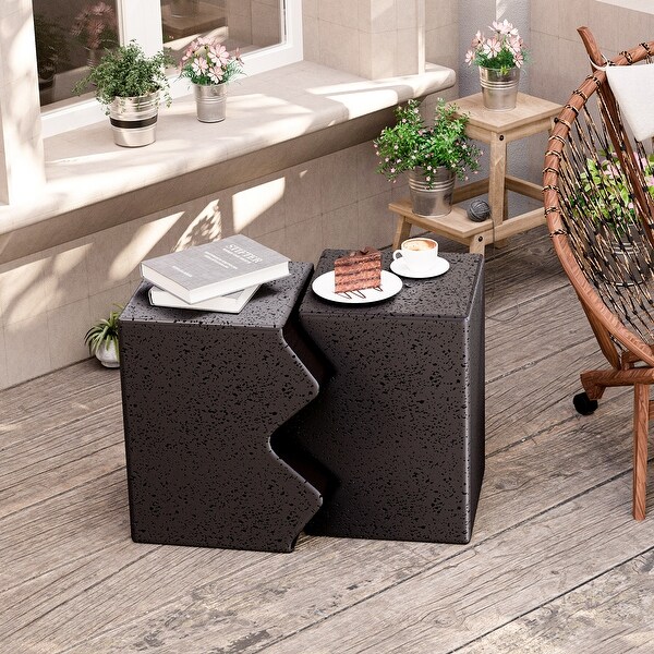 Outdoor Concrete Side Table w Spotted，Set of 2 Patio Rectangular End Table