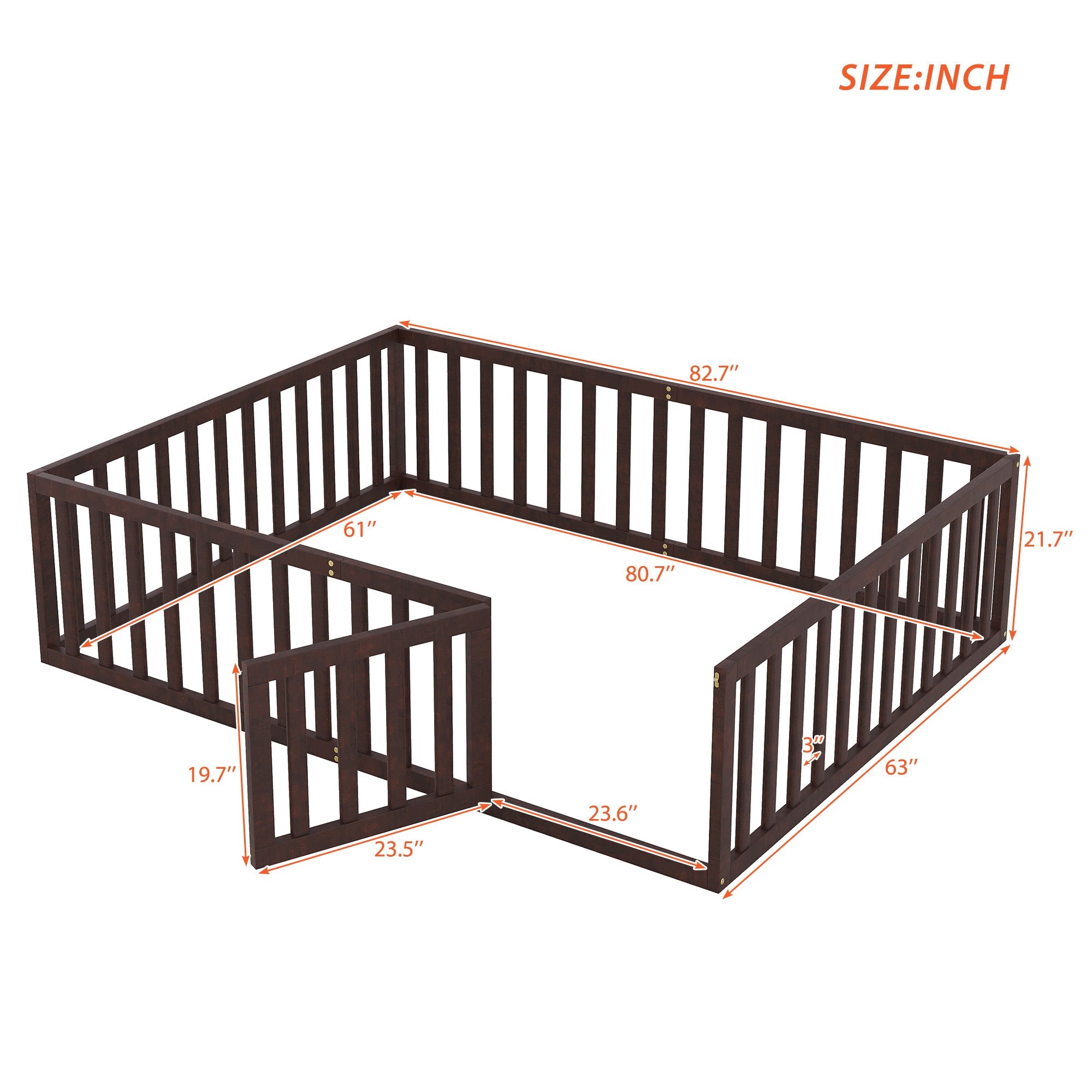 uhomepro Queen Floor Bed Frame for Toddlers, Floor Kids Bed with Fence and Door, Low Wood Beds for Girls Boys, Walnut