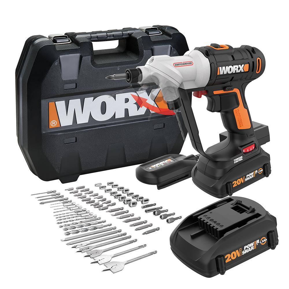 Worx POWER SHARE 20-Volt Switchdriver Cordless 14 in. Drill and Driver with 67-Piece Accessory Kit WX176L.1