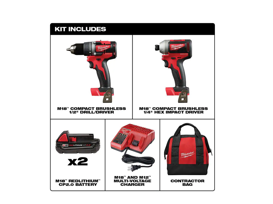 Milwaukee 2892-22CT M18 18-Volt Lithium-Ion Brushless Cordless Compact Drill/Impact Combo Kit (2-Tool)， 2801-20， 2850-20， 48-11-1820， 48-59-1812