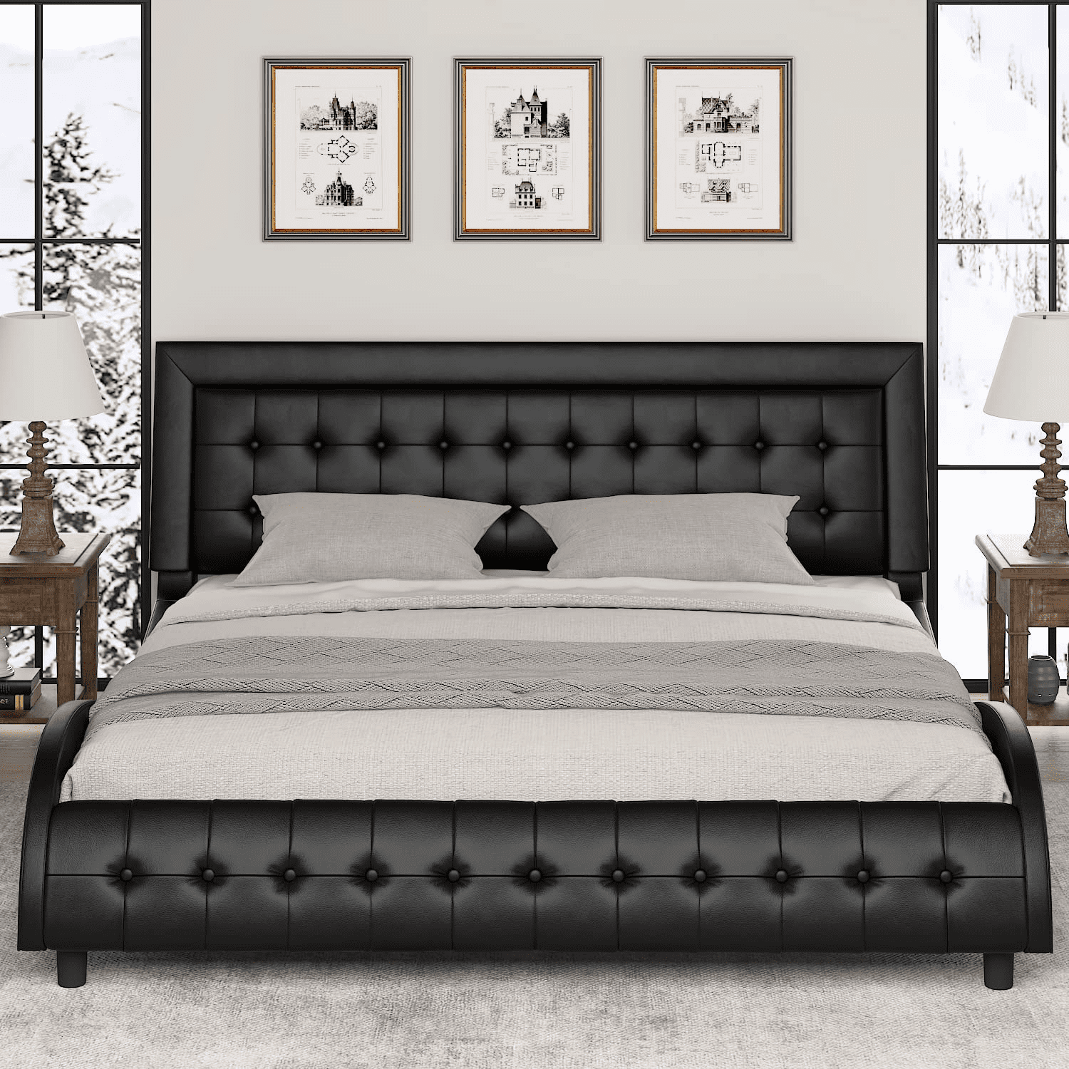 Einfach King Size Bed Frame with Adjustable and Button-Tufted Headboard, Black