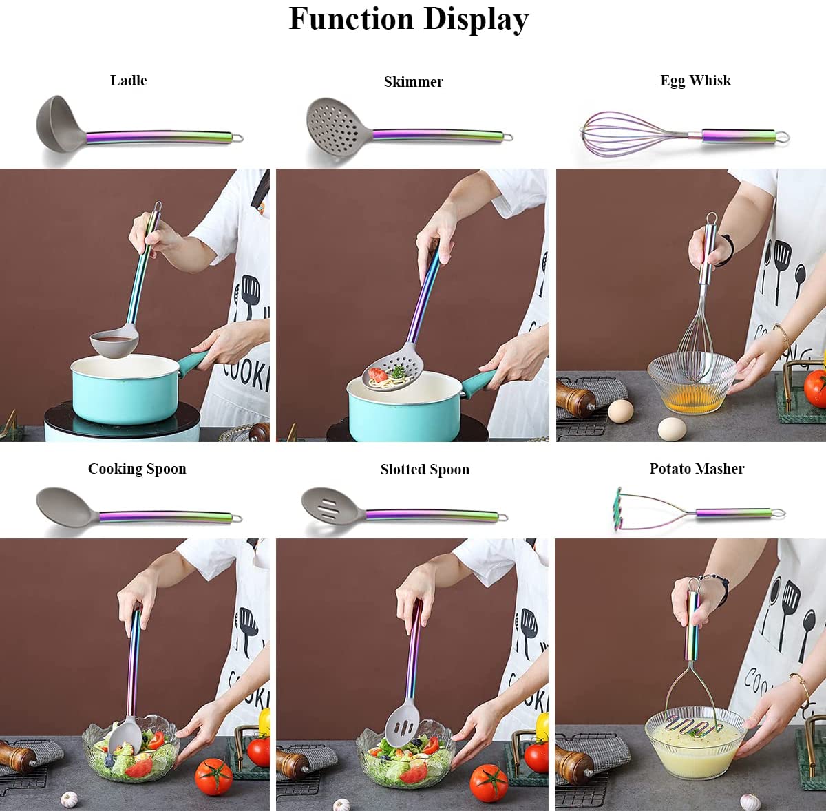 Just Houseware 38 Pcs Silicone Kitchen Cooking Utensil Setwith Utensil Rack, Food Grade Silicone Spatula Set, Non-stick Heat Resistant Silicone Cookware with Strong Stainless Steel Handle(Rainbow)