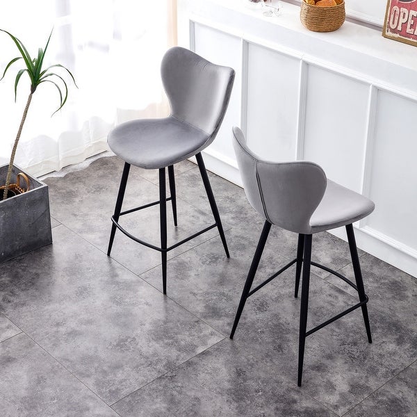 Velvet Bar Stools with Footrest， Set of 2