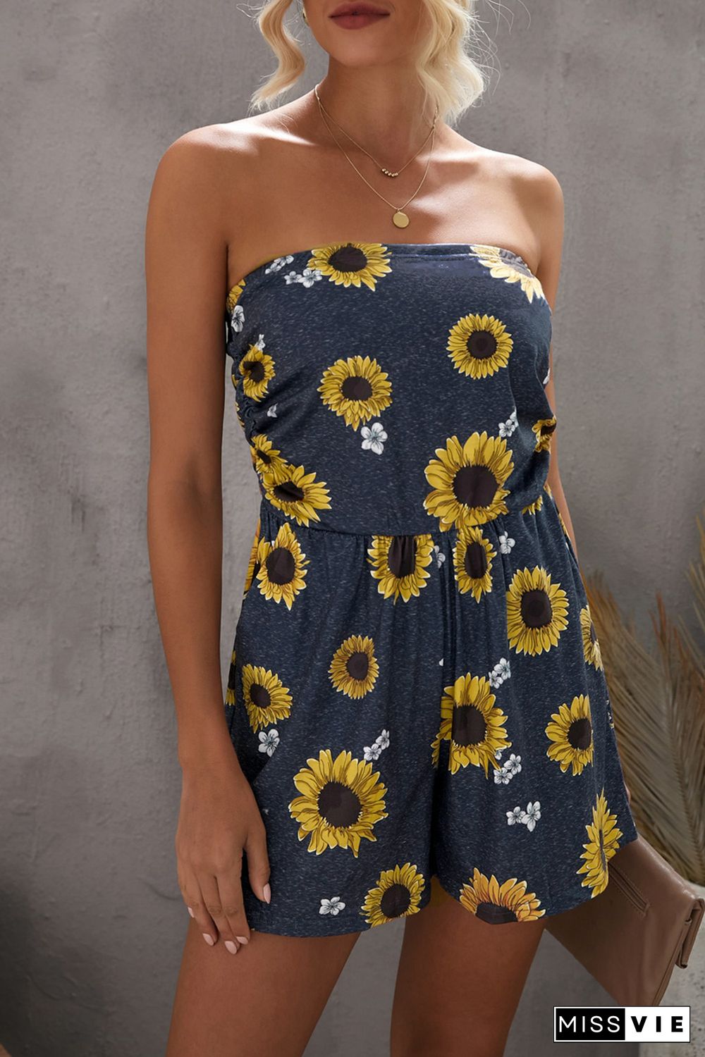 Yellow Floral Print Bandeau Romper with Pockets