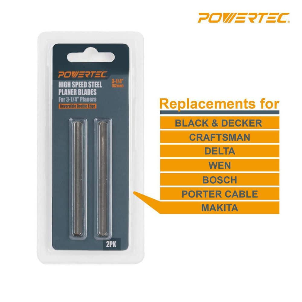 POWERTEC 3-1/4 in. HSS Hand Held Planer Blades Replacement for Ryobi, Black&Decker, Craftsman, DeWalt, Hitachi, Makita, Wen, 2 PK 12840