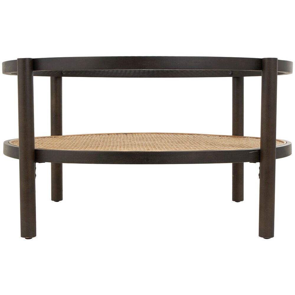 Black Wooden Arched Console Table with Wood Zig Zag Patterned Top and Rattan Accents