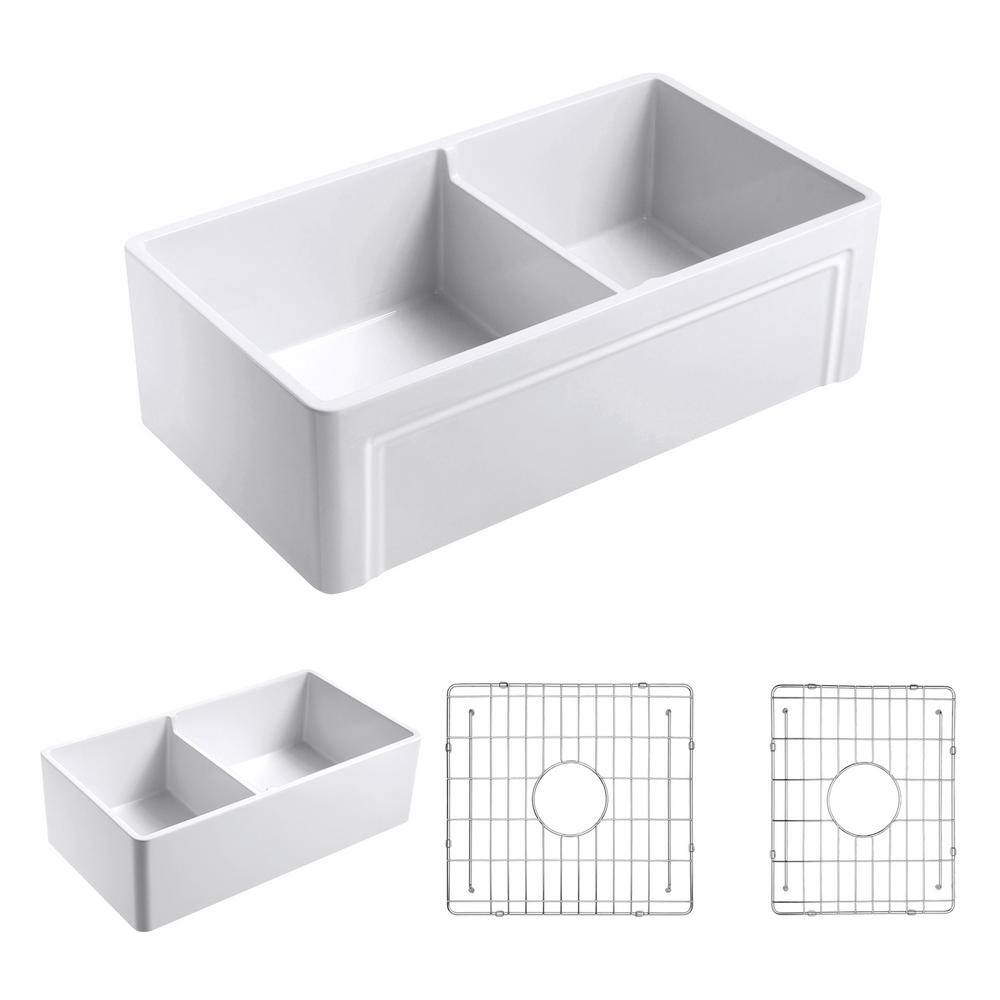 Empire Industries Olde London Farmhouse Fireclay 33 in. 5545 Double Bowl Kitchen Sink with Grid with Grid and Strainer OL33DG