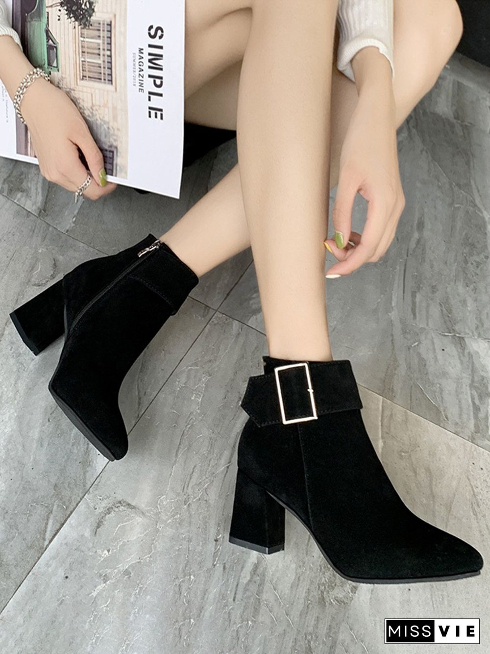 Chunky Heel Buckle Pointed-Toe Suede Martin Boots