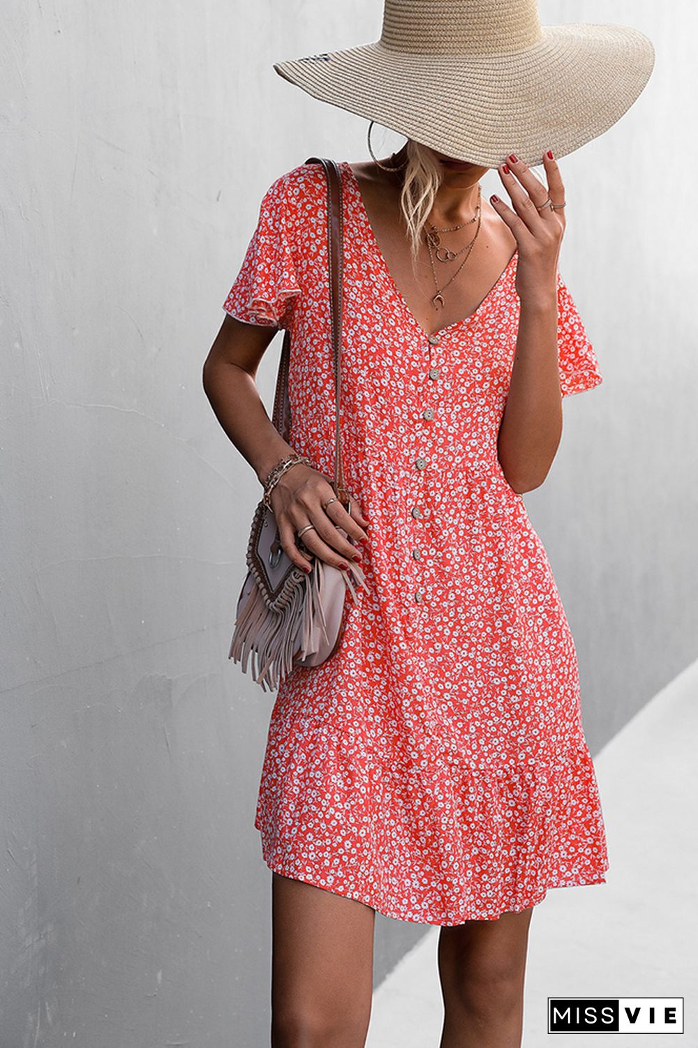 Ruffle Sleeves V Neck Floral Dress Wholesale