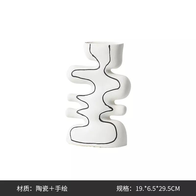 White Ceramic Vase With Black Hand Painted Detail - A Fa-D22097A