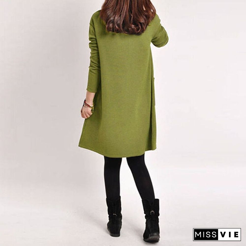 5 color Women Winter Long Loose Casual Cotton Pregnancy Dress Sleeve Pocket Tunic Tops