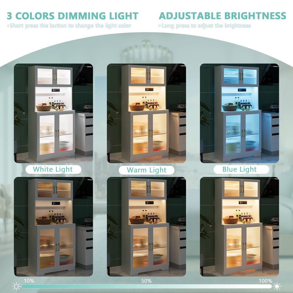 Kitchen Storage Cabinet with Auto Sensor LED  Hutch Cabinet with 2 Outlets   2 USB Ports  Pantry with Cabinet   Countertop