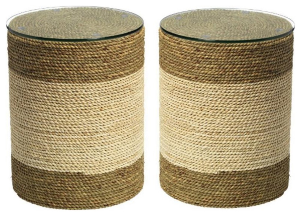 Home Square Straw Rope and Glass Side Table in Natural   Set of 2   Beach Style   Side Tables And End Tables   by Homesquare  Houzz