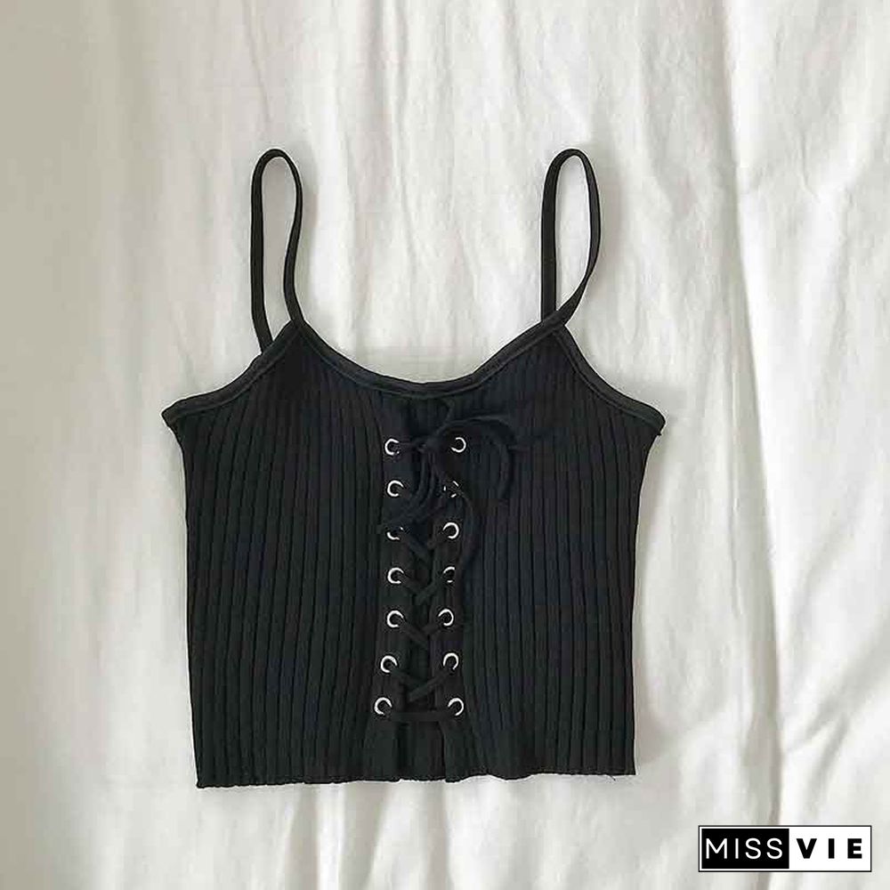 Heliar Women Crop Tops Spaghetti Straps Knitting Camisole Cute Crop Tops Drawstring Solid Sexy Y2K Crop Top For Women Summer