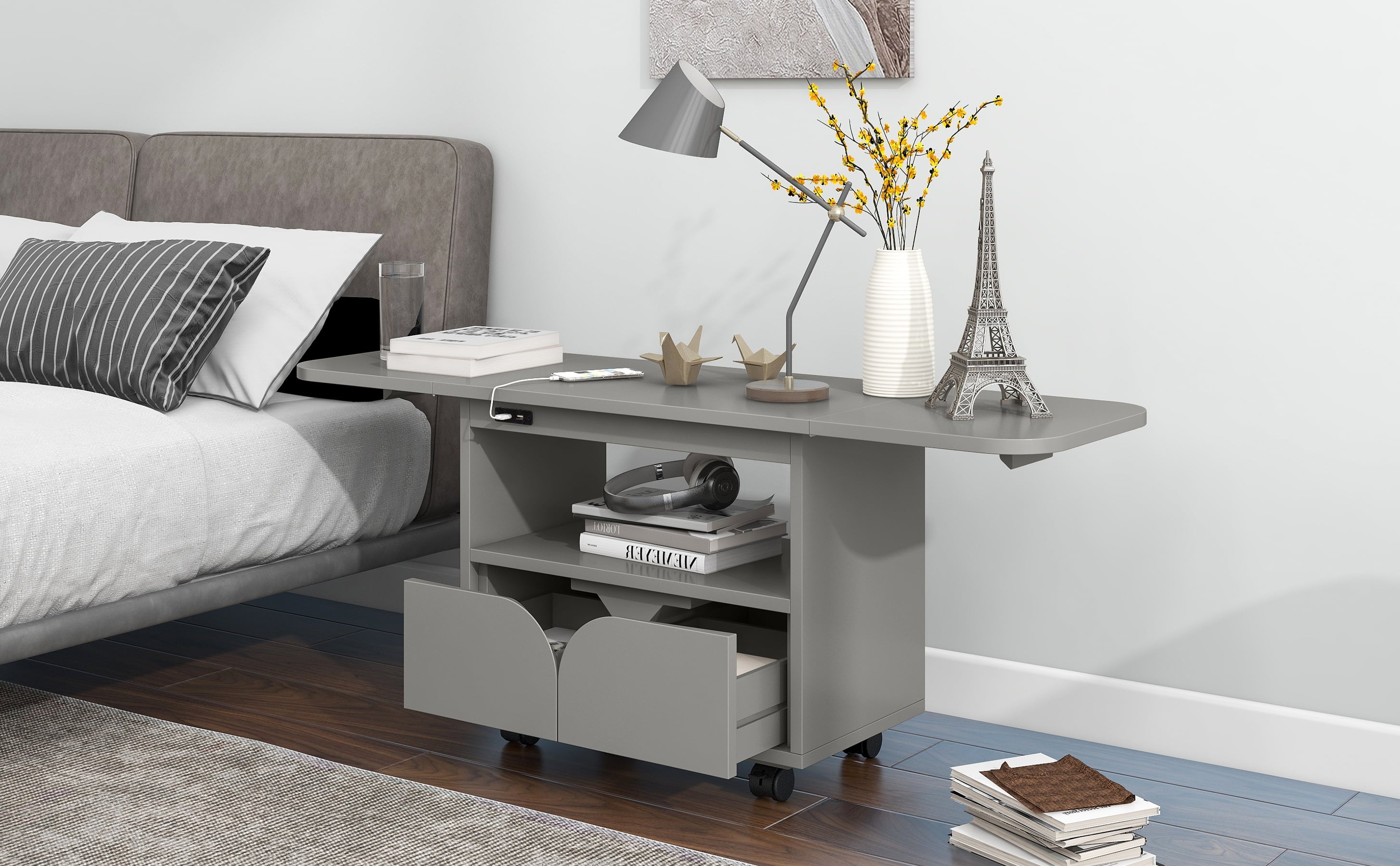 Modern Bedroom Nightstand with 2 Drawers, USB Charging, Gray