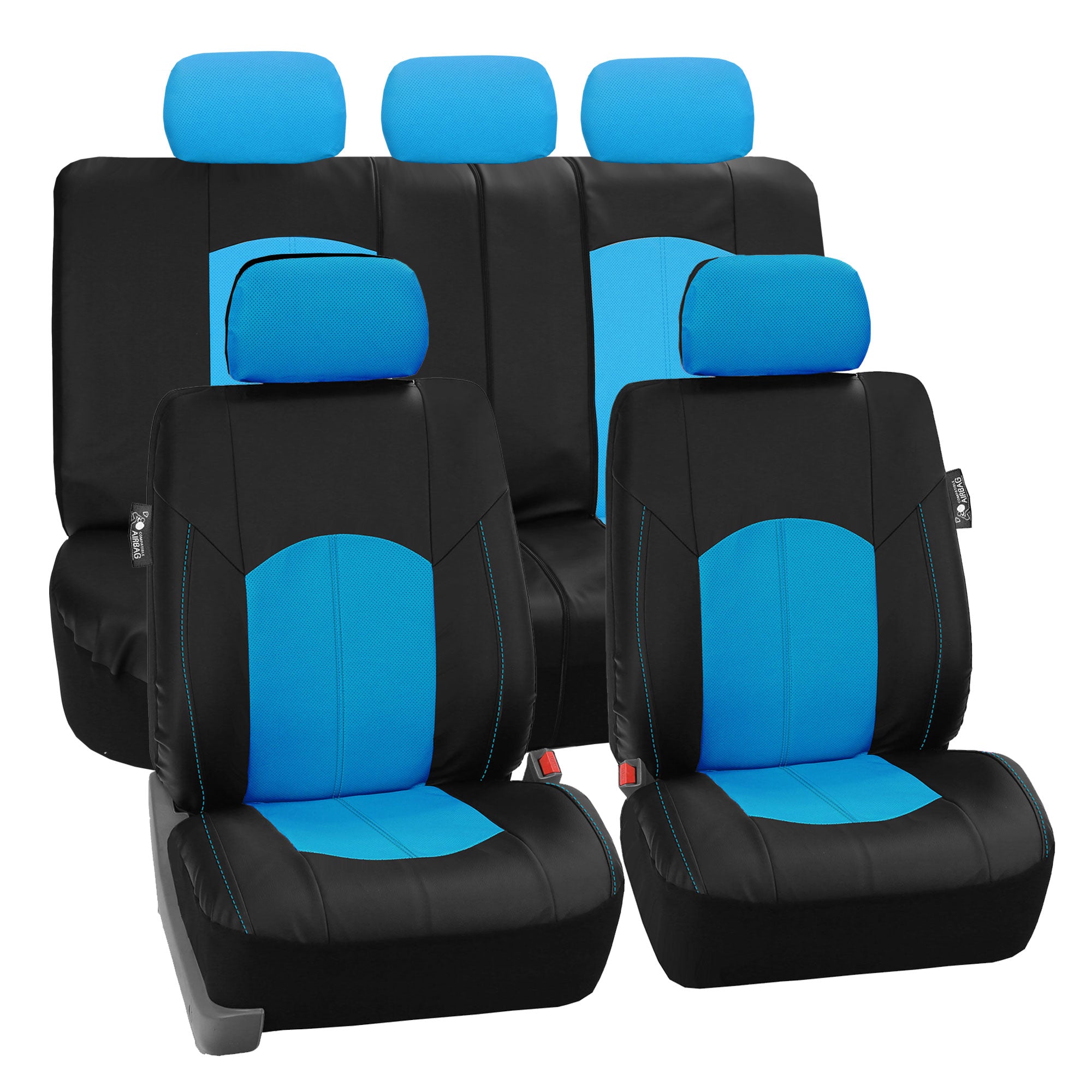 FH Group， Blue Black Deluxe Leather Seat Covers Full Set w/ Free Air Freshener， Airbag Compatible / Split Bench Covers