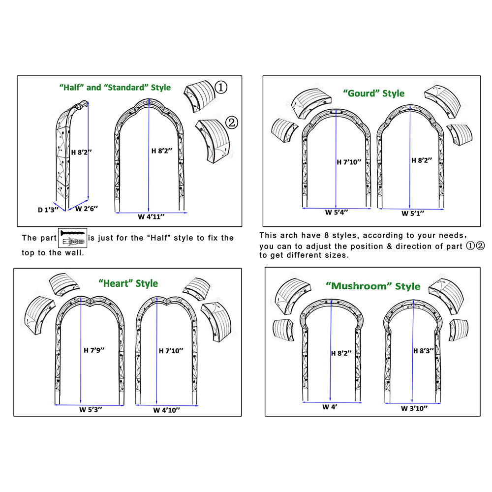 Garden Arch Metal Arbor Trellis Climbing Plants Support Arch, Assemble Freely with 8 Styles