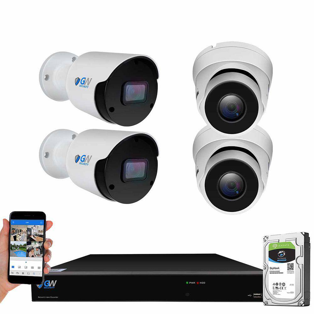 GW Security 8-Channel 8MP 1TB NVR Smart Security Camera System with 2 Wired Turret and 2 Bullet Cameras 3.6 mm Fixed Lens AI Mic GW8536MIC2-GW8537IP2-1T