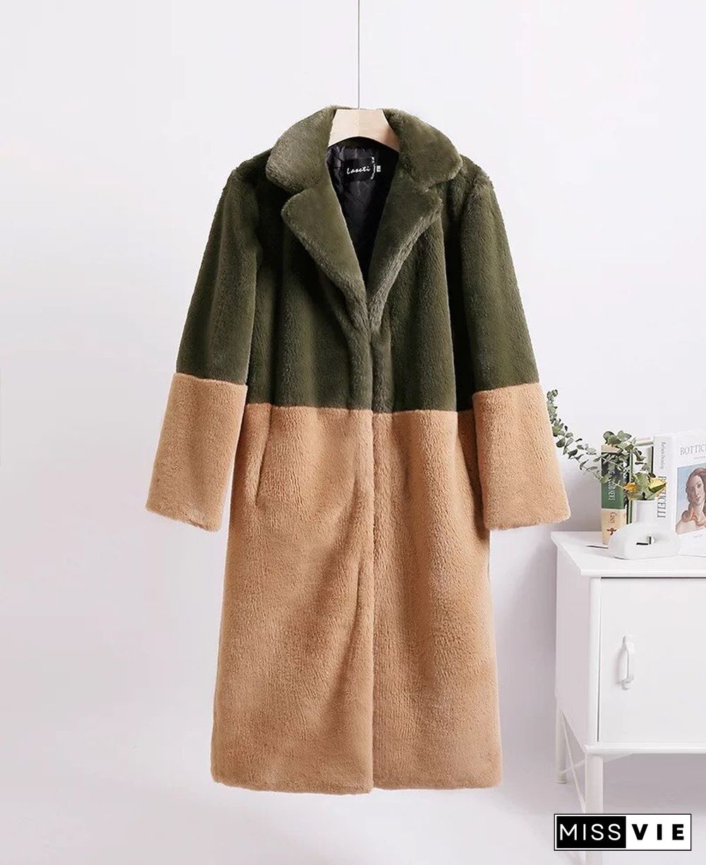 Winter Plus Size Patchwork Faux Fur Long Coat Women Elegant Turn Down Collar Thick Oversize Outwears Female Furry Jacket 5XL