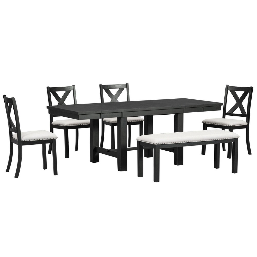 Extendable Dining Table Set with Chairs  Bench  and Footrest (6 Piece)