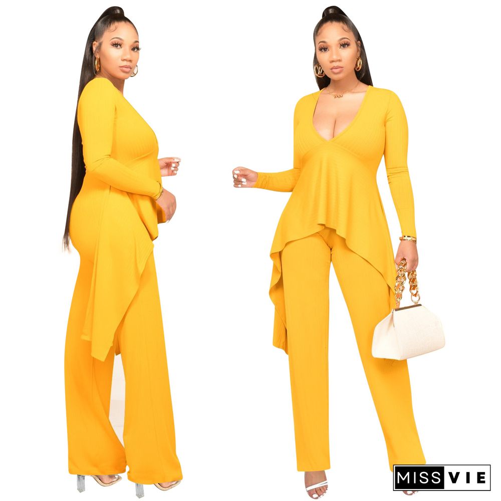 Solid Deep V High Waist Irregular Hem Jumpsuit