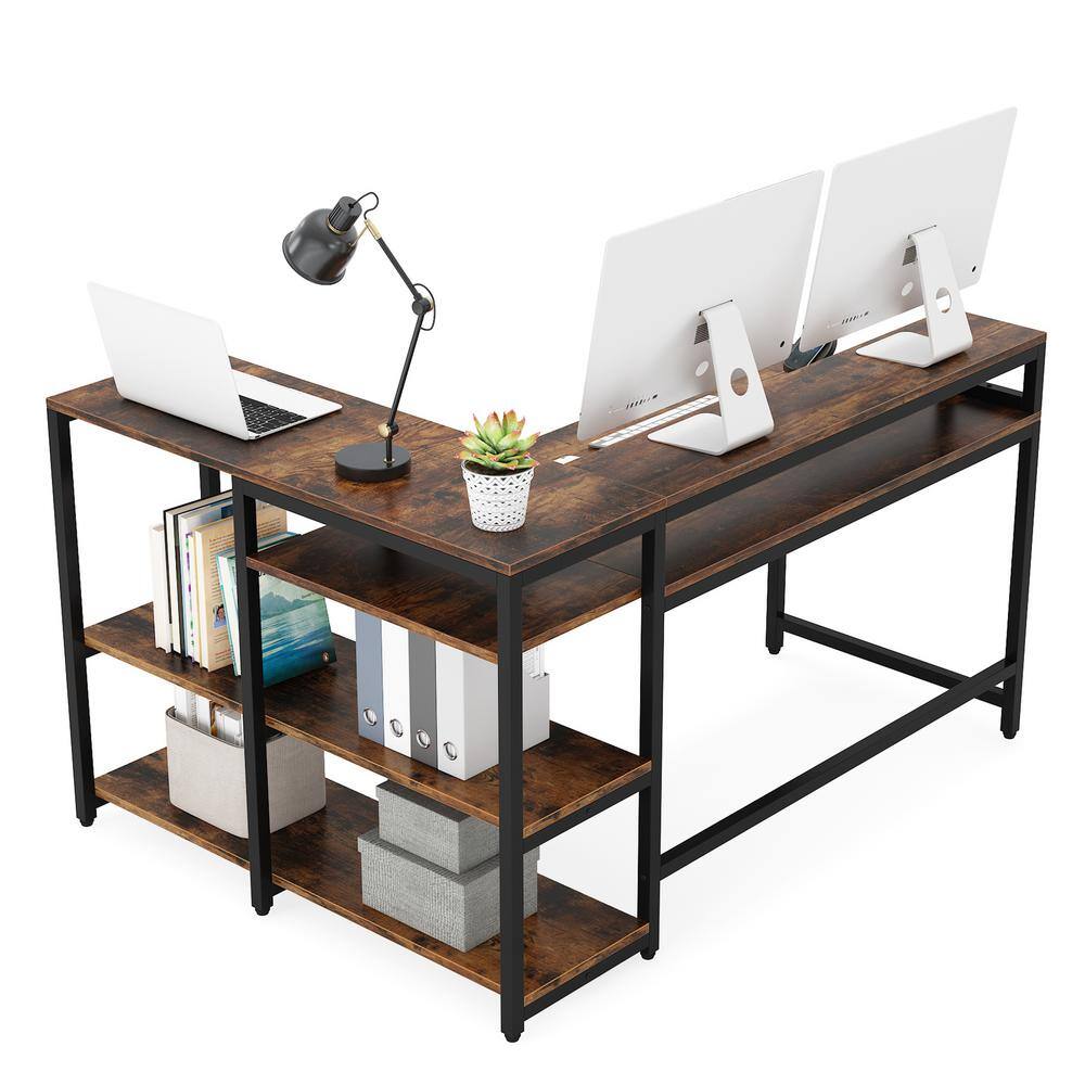 TRIBESIGNS WAY TO ORIGIN Halseey 55 in. W L-Shaped Brown Corner Computer Desk Writing Studying Reading Desk 2-Tier Storage Shelves Monitor Stand HD-JW0052-WZZ