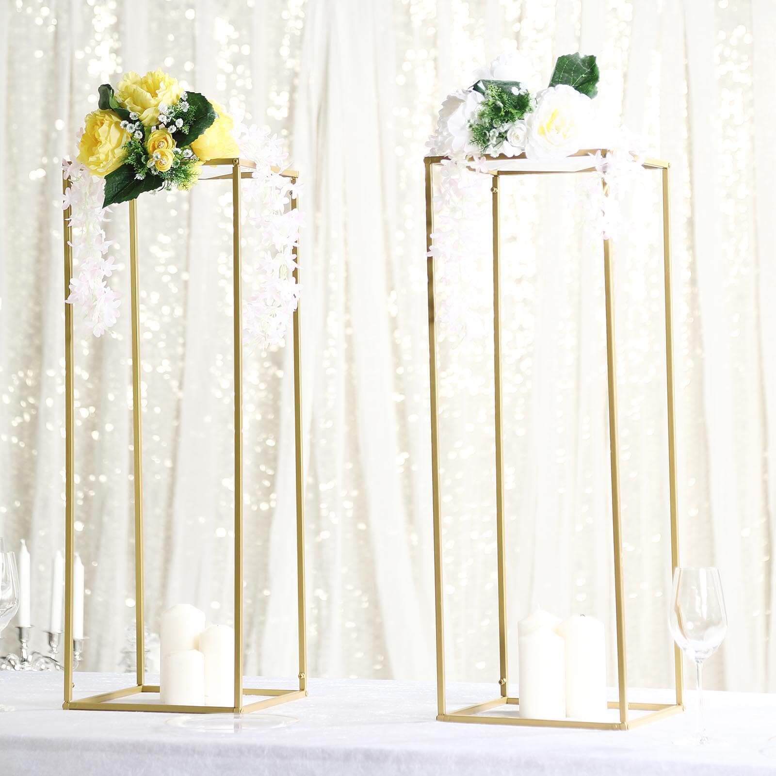 2 Pack Rectangular Gold Metal Wedding Flower Stand, Geometric Column Frame Centerpiece 32