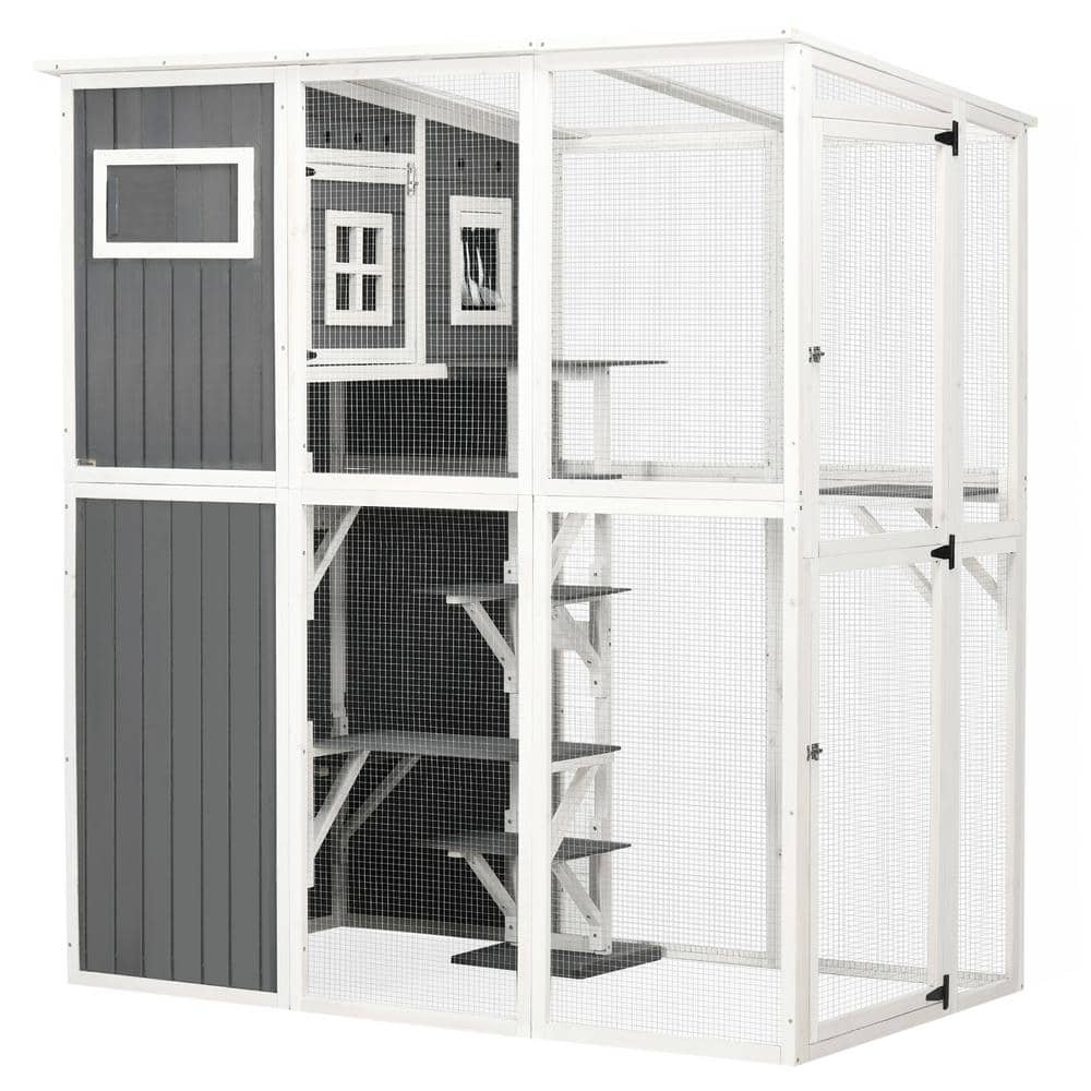 PawHut Walk-in Catio Outdoor Cat Enclosure Large for Multiple Cats of Any Size, 7 Jumping Platforms & Divided Den, Gray D32-016V00CG