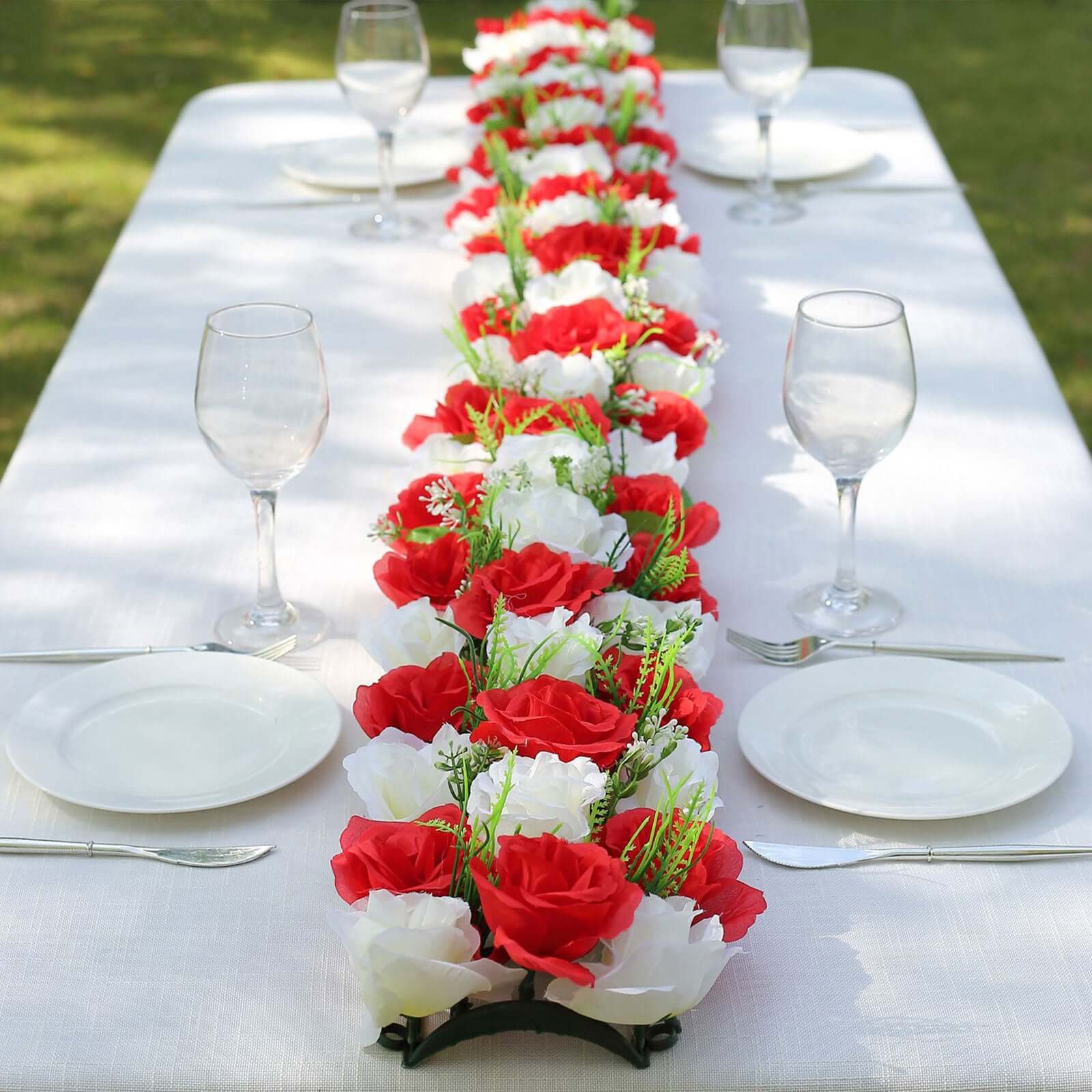 6 Pack Red Ivory Silk Rose Flower Panel Table Runner, Artificial Floral Arrangements Dining Table Decor - 20