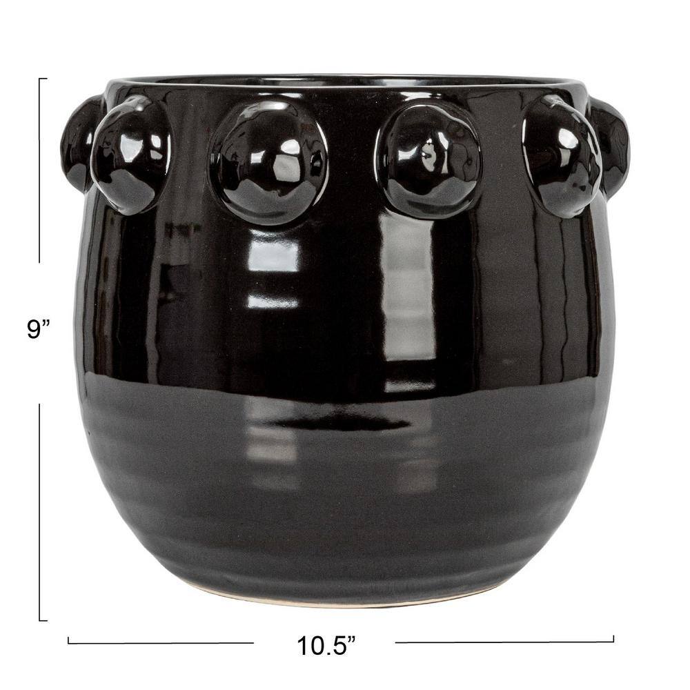 Storied Home 10.5 in. W x 9 in. H Black Glaze Terracotta Clay Decorative Pots with Raised Dots EC1618