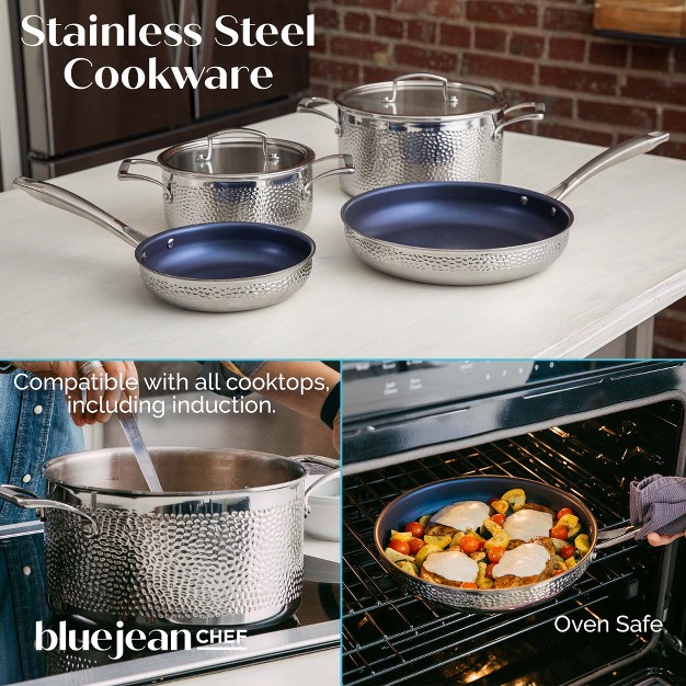 Blue Jean Chef 6 piece Stainless Steel Cookware Set Hammered Finish Tri ply Construction Clad Cookware Nonstick Induction Oven amp Dishwasher Safe