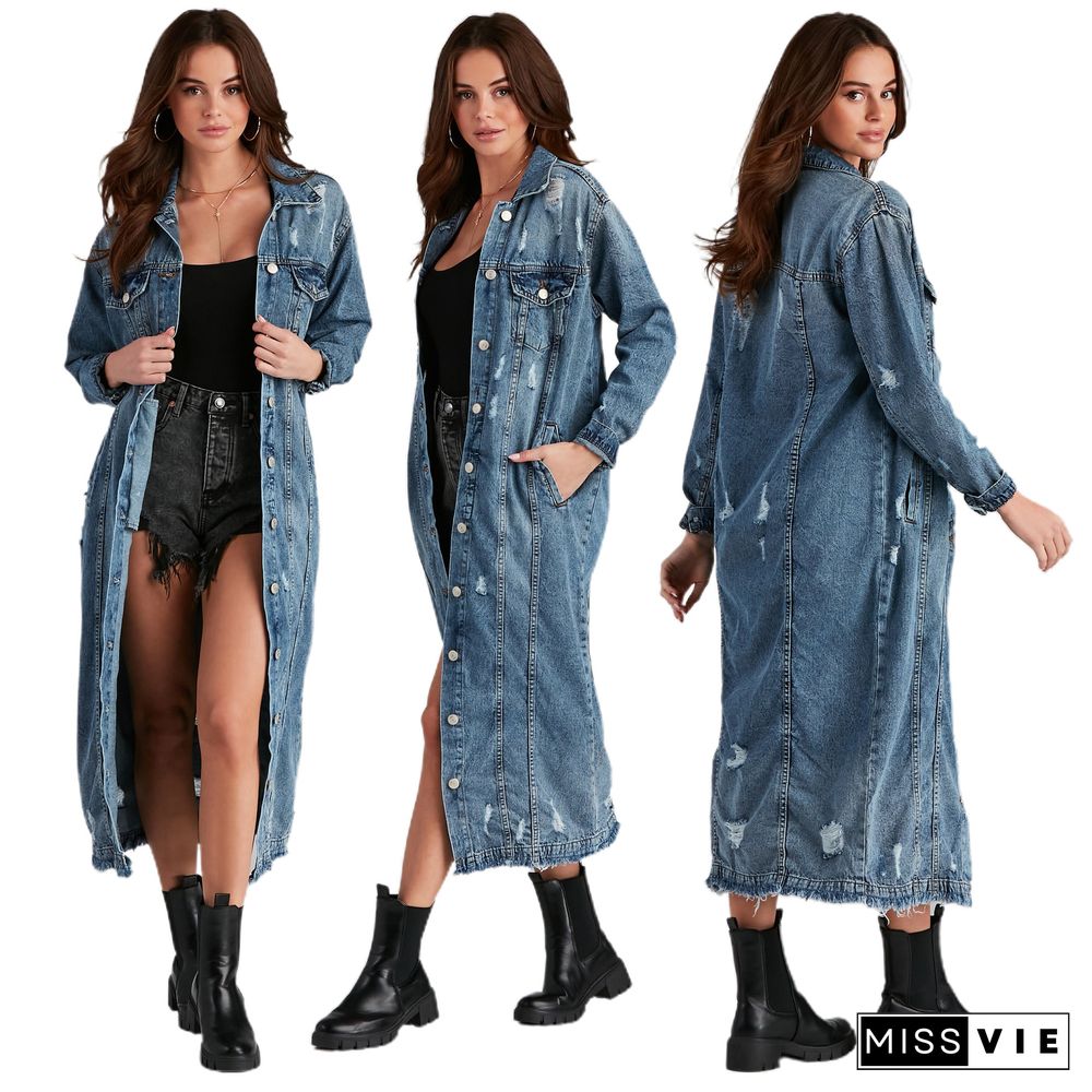 Women's Fashion Ripped Long Sleeve Denim Cardigan Jacket