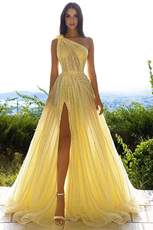 Glittering One Shoulder Daffodil Sequins Prom Dress Long Split Online