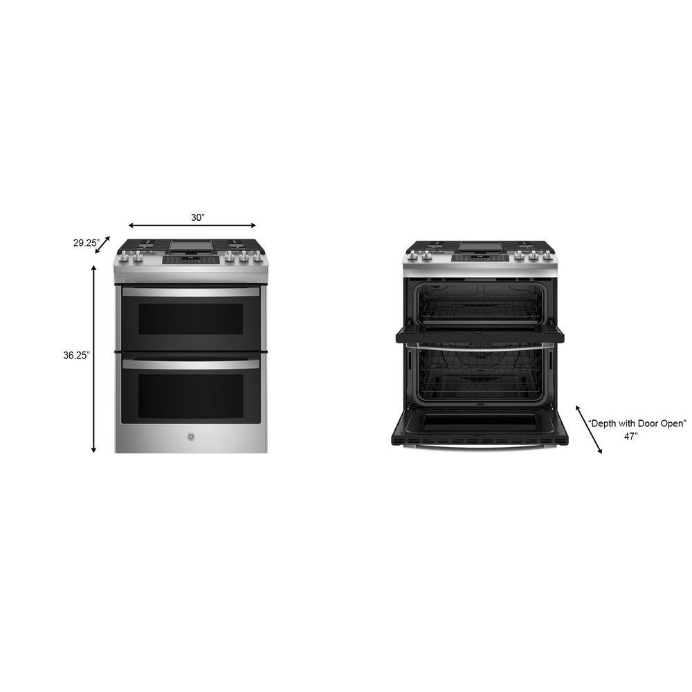 GE 30 in. 6.7 cu. ft. Slide-In Double Oven Gas Range in Stainless Steel with Griddle JGSS86SPSS