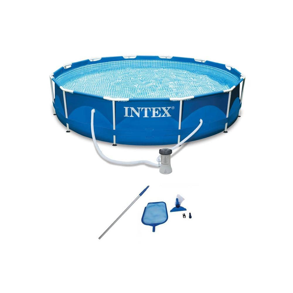 Intex 12 ft. x 2.5 ft. Round Pool with Filter Pump and Pool Cleaning Kit with Vacuum and Pole 28002E + 28211EH