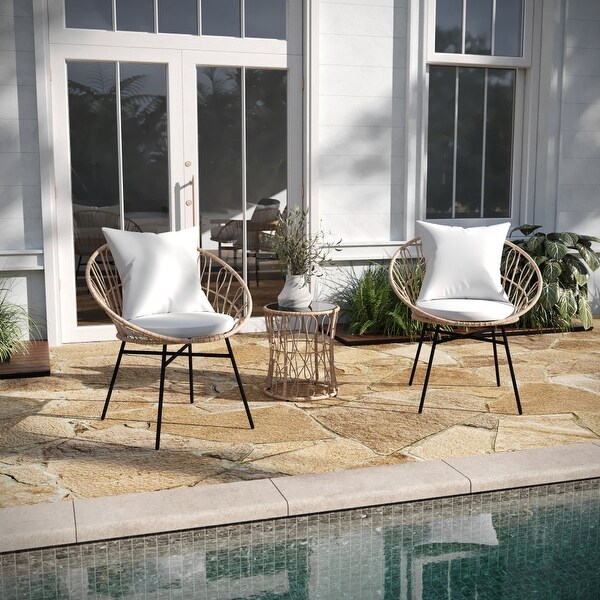 Indoor/Outdoor Rattan Rope Bistro Set，Glass Top Table and Cushions