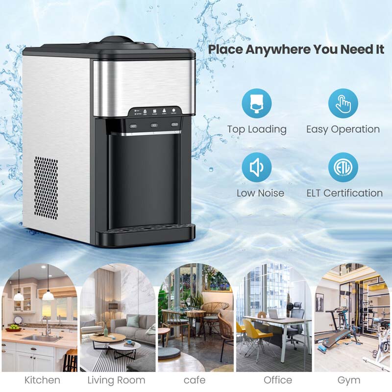 3-in-1 Water Dispenser with 48LBS/24H Ice Maker Countertop Top-Loading Hot & Cold Water Cooler for Home Office